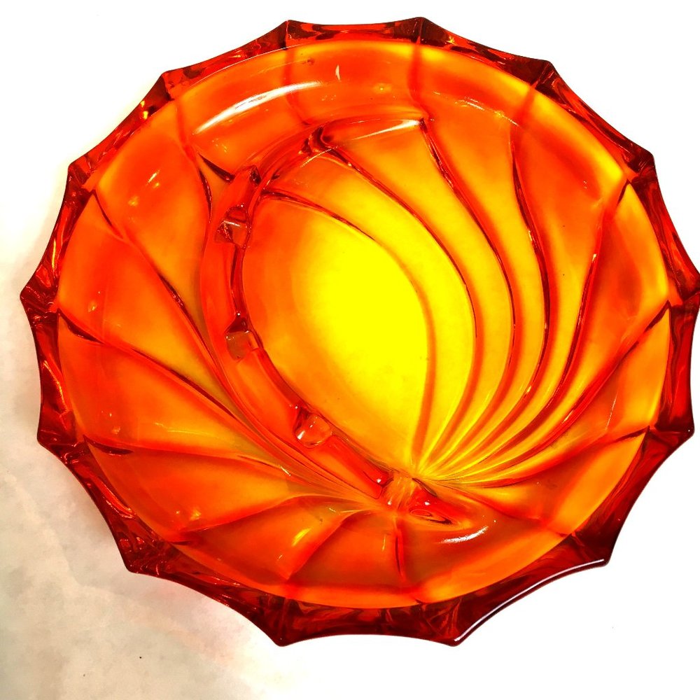 * Viking Amberina MCM Orange Yellow Glass Ashtray Trinket Catchall Vtg